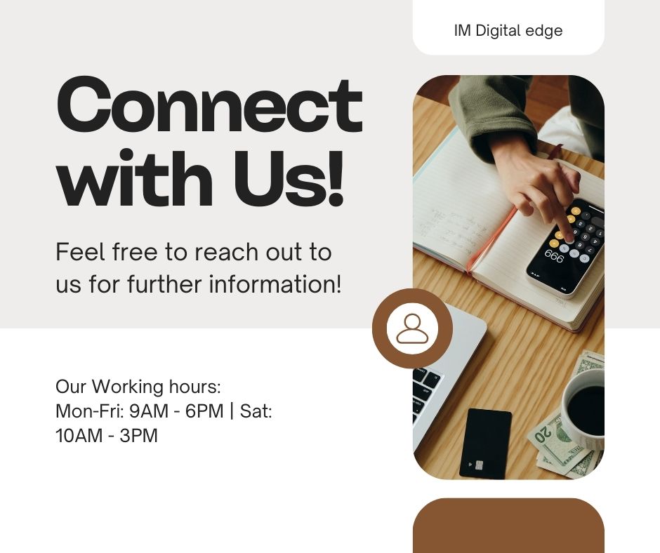 IM Digital Edge contact page: Team of digital marketing experts ready to discuss SEO, social media, and web design projects. Phone, email, and form submission options shown